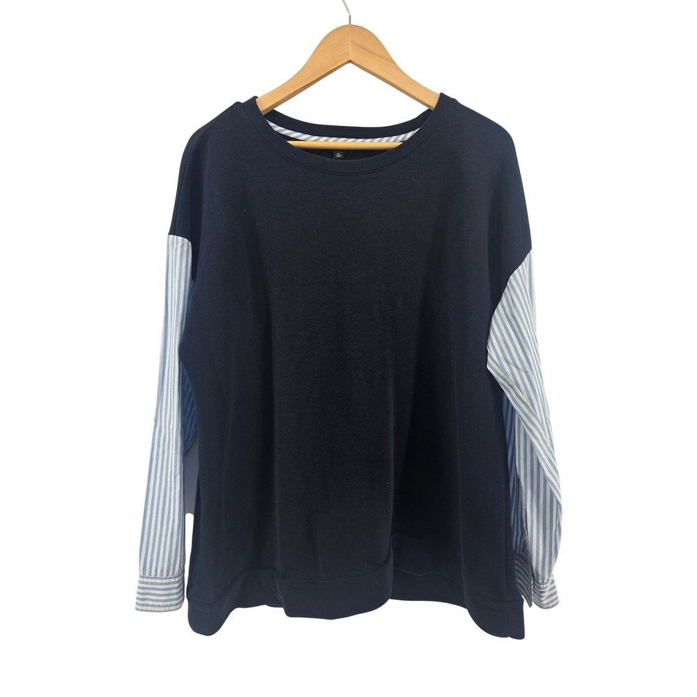 Talbots Sweatshirt Womens XL Navy Blue Mixed Media Striped Poplin Sleeve Top